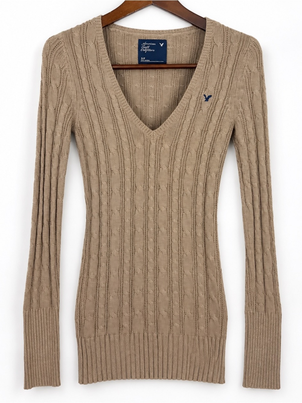 American Eagle 2009 Cable Knit V Neck Sweater Brown S Y2K Preppy